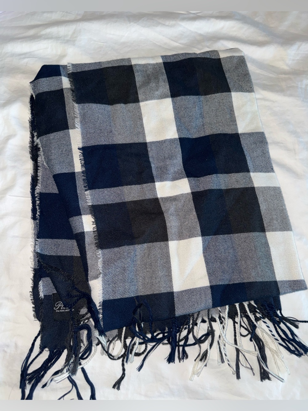 Zara Navy, Black and White Plaid Fringe Scarf